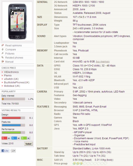 LG GT505 specification